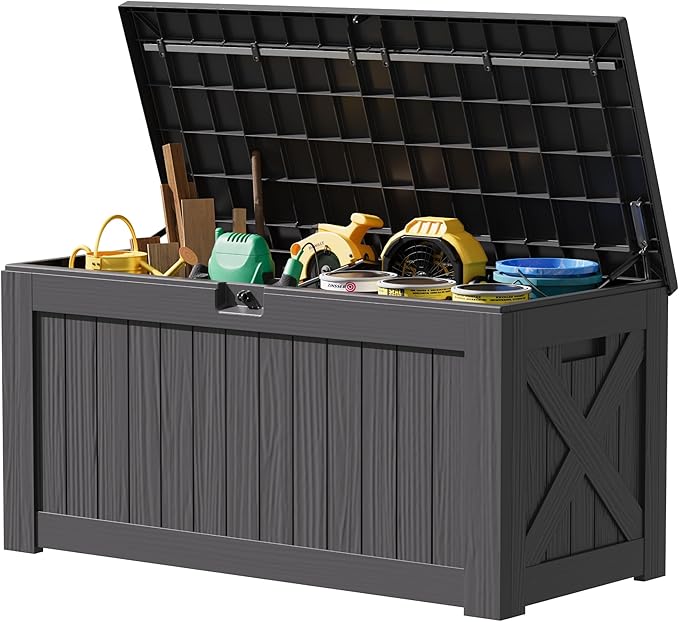 JUMMICO 120 Gallon Resin Deck Box, Large Outdoor Storage Box Waterproof & Lockable for Garden, Patio, Pools (Gray)-Ruum Studio Home