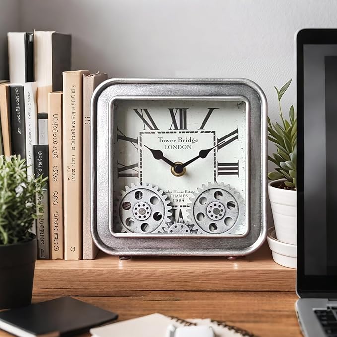Desk Clock Vintage Metal Table Clocks with Moving Gears, Silent Retro Industrial Steampunk Quartz Small 6 inch End Table Clock for Home Office Living Room Decor Battery Operated-Ruum Studio Home