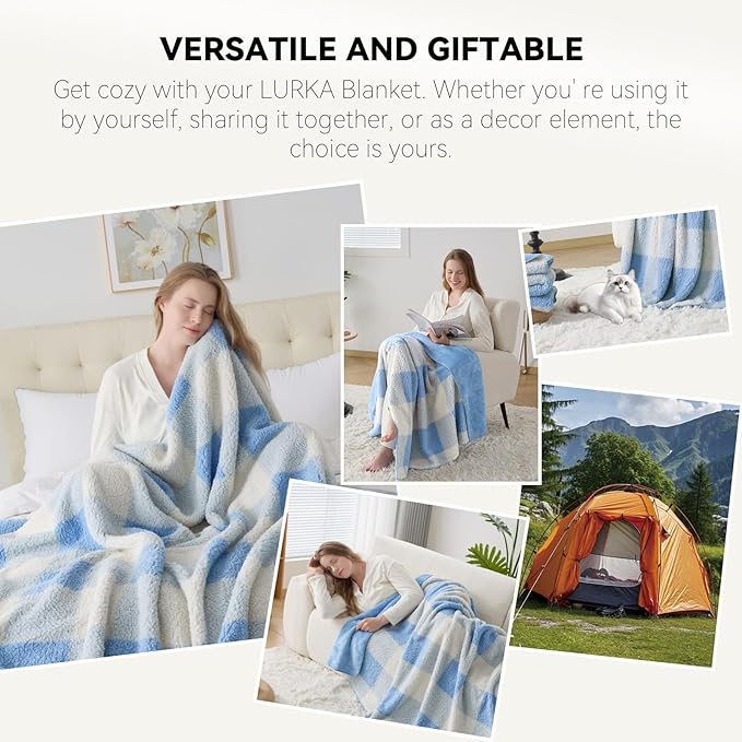 LURKA Checkered Sherpa Fleece Throw Blanket - Extra Thick and Warm Winter Soft Fuzzy Plush Blanket for Couches, Beds & Pets, Glacier, 50x60 Inches-Ruum Studio Home