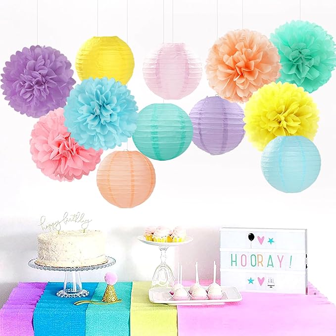 Pastel Rainbow Colorful Party-Decorations Paper Flowers Lanterns - 15PCS Birthday Classroom Baby Shower Tissue Pom Poms Streamers, Macaron Carnival Theme Hanging Supplies Decor Hugfond-Ruum Studio Home
