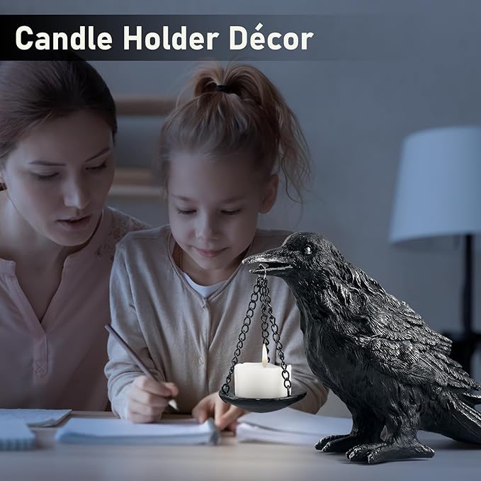 Raven Gothic Home Decor Fake Crow Light Holder Raven Lamp Tealight Candle Holder Resin Raven Statue Wearing Silver-Ruum Studio Home