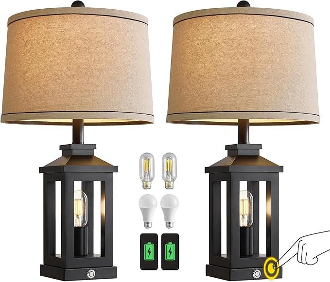 23.75" Retro Farmhouse Black Table Lamp for Living Room Bedroom Nightstand Set of 2 Touch Control Bedside Nightlight Vintage Modern Lamp with USB C+A Ports and 2 Light Sources-Ruum Studio Home