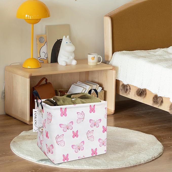 FANKANG Square Nursery Hamper Storage Bins Canvas Laundry Basket Foldable with Waterproof PE Coating Storage Baskets Gift Baskets for Children, Office, Bedroom, Clothes（Square-pink butterfly ）-Ruum Studio Home