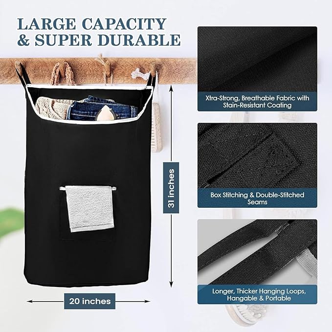 The Fine Living Co. X-Large Hanging Laundry Hamper with Over Door Hooks & Adhesive,Durable Space Saving Laundry Bag with Zipper and Wide Open Top,Hanging Dorm Laundry Hamper 20"x3.75"x31" (Black-XL)-Ruum Studio Home