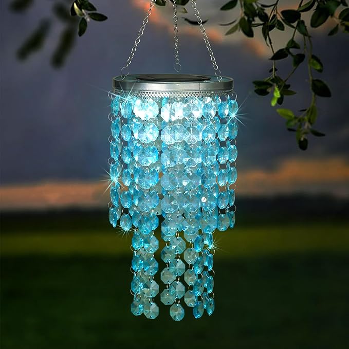 Hanging Solar Lantern Outdoor, 2 Tiers 21” Solar Blue Acrylic Beaded Chandelier with Cool White LED S Hooks for Garden Yard Patio Gazebo Outside Decor-Ruum Studio Home