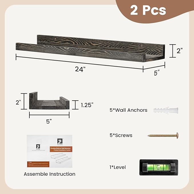 24 Inches Floating Shelves for Wall, Solid Pine Wood Picture Ledge Shelves, Wall Shelves with Lips, Nursery Book Shelves for Toys Storage Living Room Bedroom Photo Frames (2 Pcs, Grey)-Ruum Studio Home