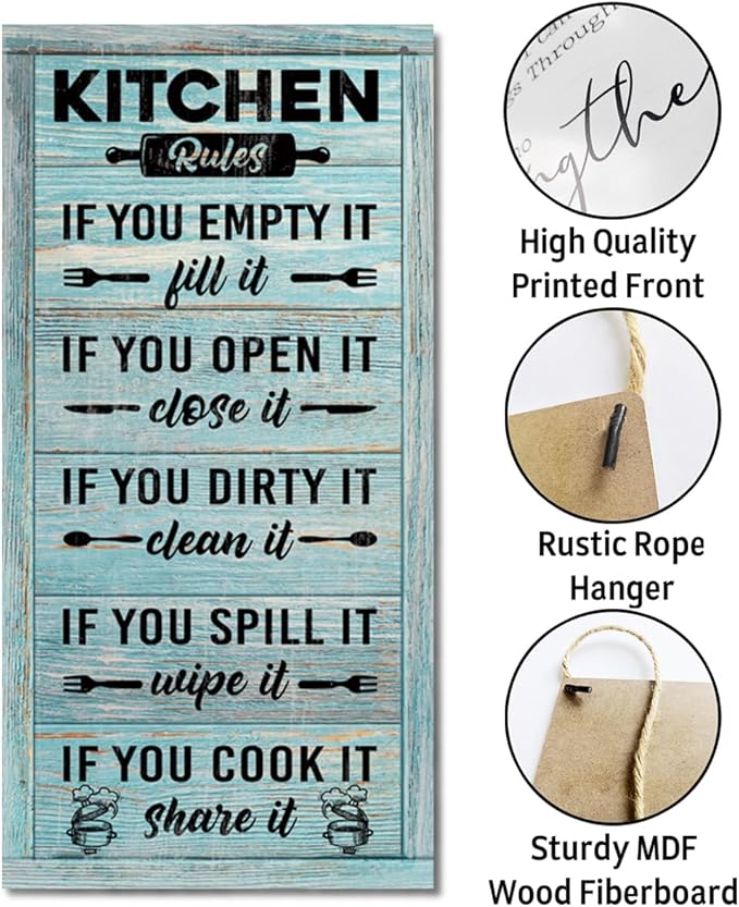 Hanging Kitchen Rules Wood Decor Sign, Rustic Kitchen Wooden Signs, Printed Wood Wall Art Sign, Kitchen Door Rules Rustic Sign, Hanging Wood Sign Kitchen Decor, Funny Farmhouse Kitchen Wall Décor C1-Ruum Studio Home