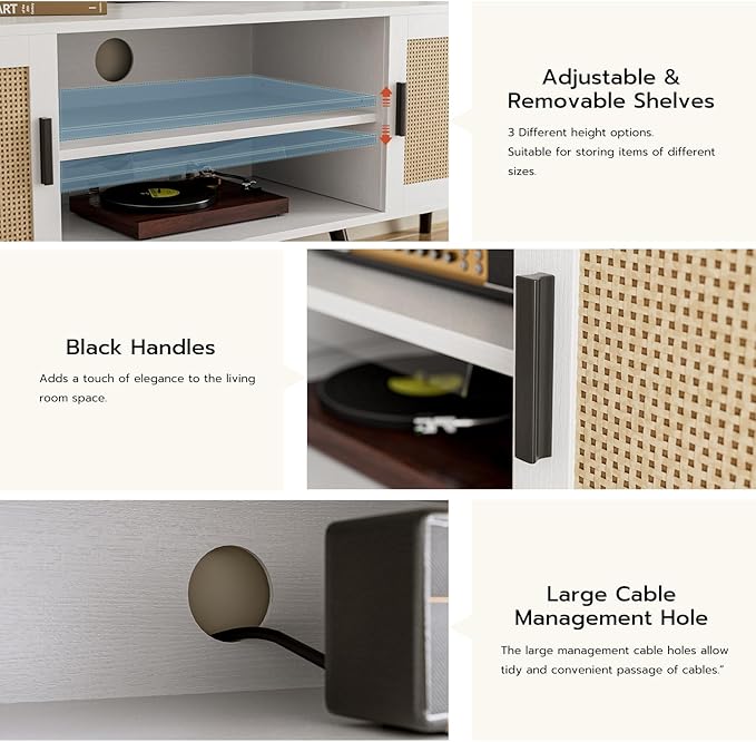 TV Stand for TVs up to 65'', Mid Century Modern Entertainment Center with Rattan Door, Shelves & 2 Cabinets, Boho Media TV Console for Living Room, Bedroom, White-Ruum Studio Home