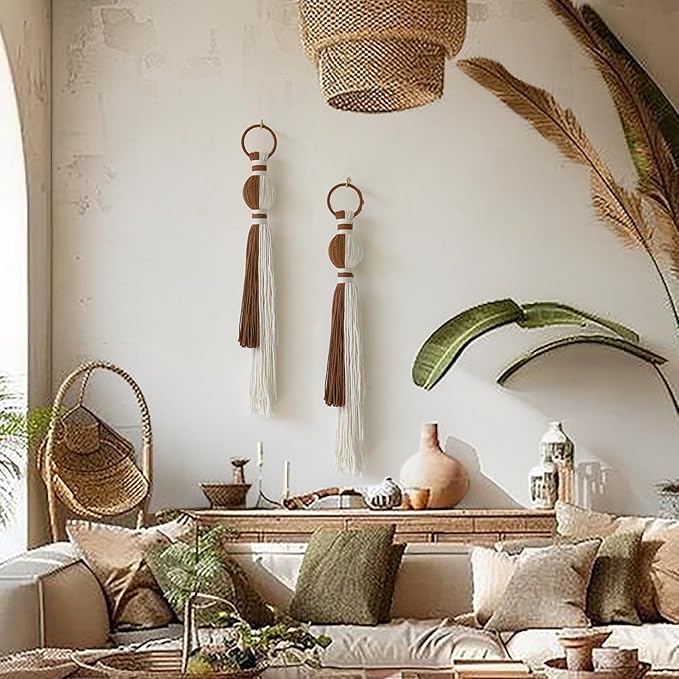 2Pcs Macrame Wall Hanging Boho Home Decor Fiber Art with Sphere Knots Tassels Handmade Yarn Art for Bedroom Living Room Office Entryway-Ruum Studio Home