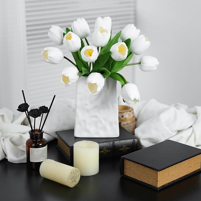 White Artificial Tulips, 2 Bundles 14Pcs, Fake Tulips Artificial Flowers, 2 x 2.4 Inch Large Flower Head Big Tulip, Easter Valentine's Day Mother's Day Home Decoration Flowers-Ruum Studio Home