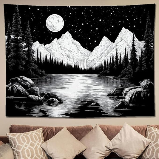 keowhsf Starry Night Mountain Lake Tapestry Black and White Tapestries Aesthetic Moon and Stars Wall Hanging Dark Nature Forest Tapestry for Bedroom Living Room Dorm Decor-Ruum Studio Home