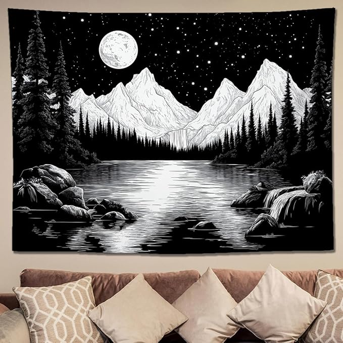 keowhsf Starry Night Mountain Lake Tapestry Black and White Tapestries Aesthetic Moon and Stars Wall Hanging Dark Nature Forest Tapestry for Bedroom Living Room Dorm Decor-Ruum Studio Home