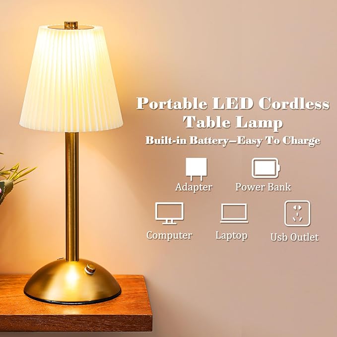 Liliful 2 Pcs LED Portable Cordless Table Lamp Touch Battery Operated Rechargeable Desk Lamp 3 Color Dimmable for Bedroom Living Room Dining (Beige Cloth Style,Gold)-Ruum Studio Home