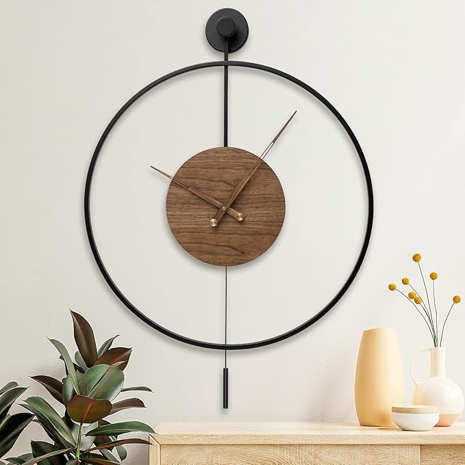 Large Modern Wall Clock,Wall Clocks for Living Room Decor,Classical Silent Metal Minimalist Walnut Dial,Big Decorative Farmhouse Pendulum Wall Clock With Walnut Pointers for Office,Dining Room-Ruum Studio Home