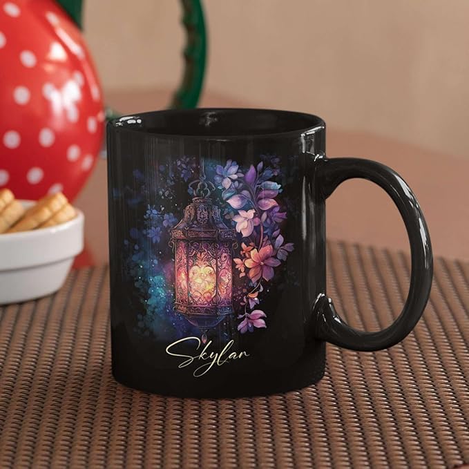 Custom Vintage Lantern With Flowers Coffee Mug, Personalized Name Ceramic Cup 11oz Or 15oz, Glowing Light And Flowers Mug, Customized Enchanted Nature Black Cup, Gift For Friends-Ruum Studio Home