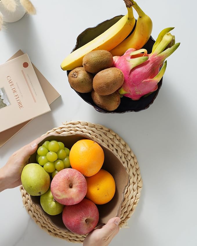 Fruit Bowl for Kitchen Counter, Porcelain Decorative Bowl for Home Décor Modern Pedestal Bowl with 3-Legs Large Centerpiece Bowl for Breads, Nuts, Brown-Ruum Studio Home