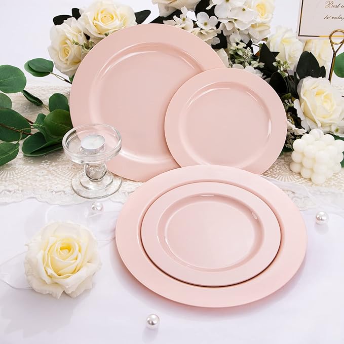 FLOWERCAT 60PCS Pink Plastic Plates - Heavy Duty Pink Plates Disposable for Party/Mother's Day/Wedding - serving 30 guests Include 30PCS 10.25inch & 30PCS 7.5inch-Ruum Studio Home