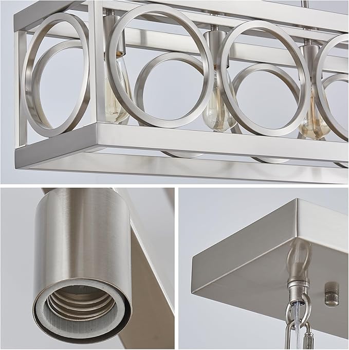 XINGQI Linear Chandelier Brushed Nickel Kitchen Island Light Fixtures 31.5" Rectangle Dining Room Chandeliers, Farmhouse Hanging Large 4-Light Rustic Metal Living Room Office Pendant Lighting-Ruum Studio Home