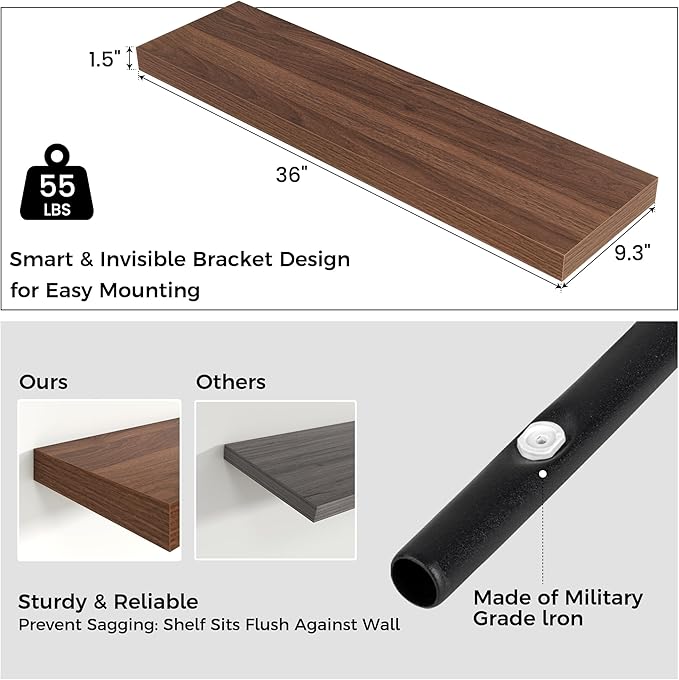 Floating Shelves - 2 Large Wall Mounted Shelves with Invisible Brackets, Long Walnut Wood Floating Wall Shelf for Living Room, Bedroom, Kitchen (36" W x 9" D x 1.5" H)-Ruum Studio Home