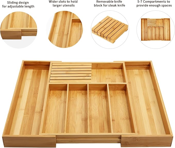 VaeFae Bamboo Silverware Drawer Organizer Kitchen, Expandable Utensil Organizer with Knife Block, Cutlery Tray with Divider, Multifunctional Wooden Drawer Organizer-Ruum Studio Home