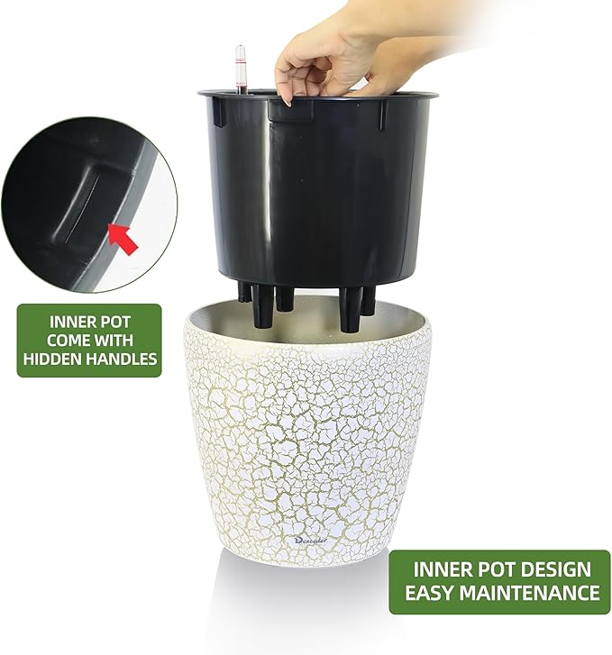 Dexceder 11x10 Inches Self Watering Planter Indoor Outdoor, Inner Pot Design, Thickened Table Flower Plant Pot with Water Level Indicator (White Gold Crackle)-Ruum Studio Home