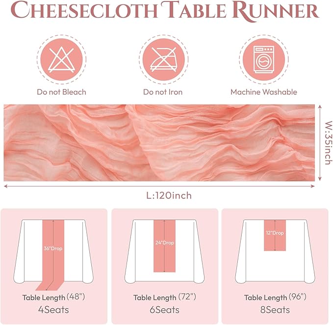 Sioloc 10 Pack Peach Coral Cheesecloth Table Runner Fall Autumn Decor for Home 10ft Table Cloth for Tea Wedding Birthday Party Baby Bridal Shower Halloween Thanksgiving-Ruum Studio Home