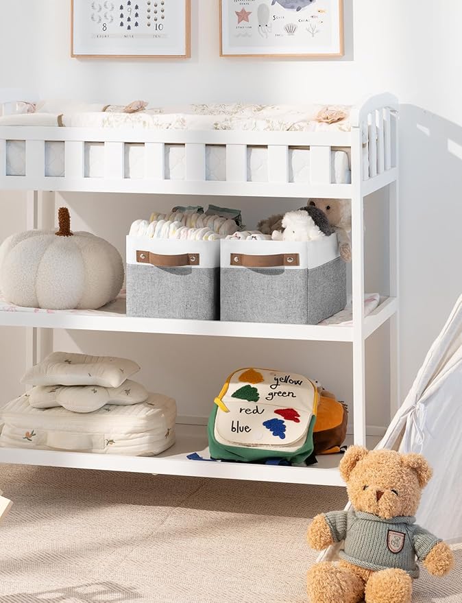 StorageWorks Narrow Storage Bins, Small Basket for Closet and Shelves, Rectangular Fabric Organizer with Handles, Toilet Paper Storage, Gray and White Stripes, 2-Pack-Ruum Studio Home