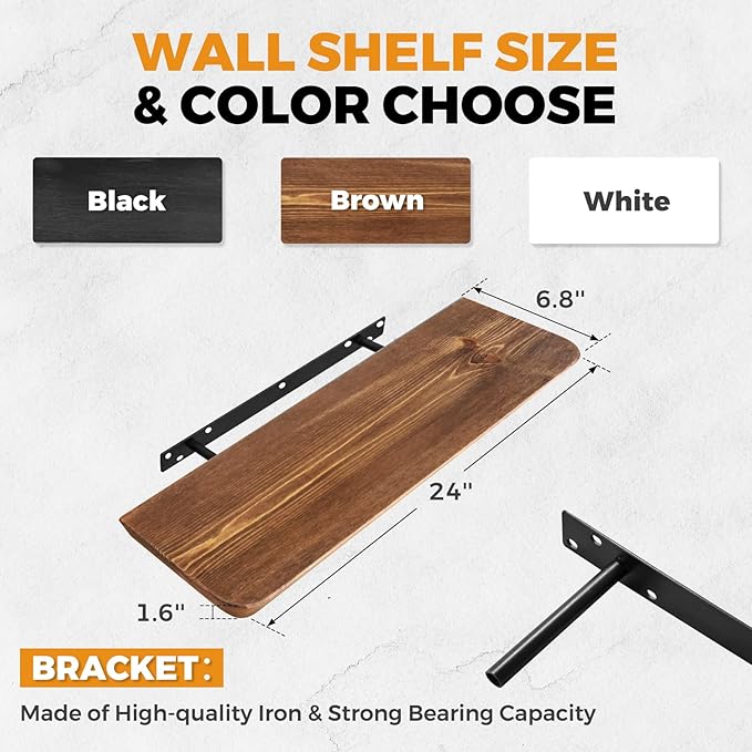 24"x6.8"x1.6" Slanted Floating Wall Shelves 2-Pack - Rustic Brown Finish, Heavy-Duty Solid Wood Design with Hidden Brackets - Perfect for Living Room, Kitchen, Bathroom, or Office-Ruum Studio Home