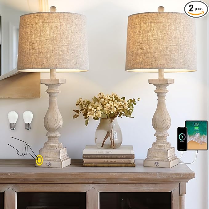 BOBOMOMO 27" Farmhouse 3-Way Dimmable Touch Control Table Lamp Set of 2 with USB A &USB C Charging Ports for Bedroom Living Room Vintage Rustic Traditional Nightstand Bedside Lamps (2 Bulbs Included)-Ruum Studio Home