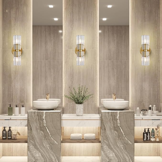 Gold Crystal Wall Sconces Set of Two, Wall Sconce Set of 2, Brass Sconces Wall Lighting with K9 Crystal Lampshade, Wall Lights for Bedroom Living Room Bathroom Hallway-Ruum Studio Home