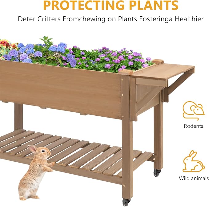 Raised Garden Bed with Lockable Wheels Mobile Elevated Wood Planter,Storage Shelf, Protective Liner,55.5x24x32in (Brown)-Ruum Studio Home