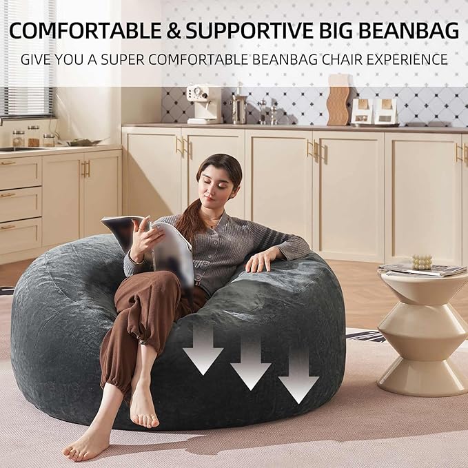 Bean Bag Chair 4Ft, Memory Foam Filled, Large Beanbag Chairs for Adults and Teens, Soft Sofa with Removable Flannel Cover, Round Couch for Living Room Bedroom College Dorm (Dark Gray, 4FT-47×47"×24")-Ruum Studio Home