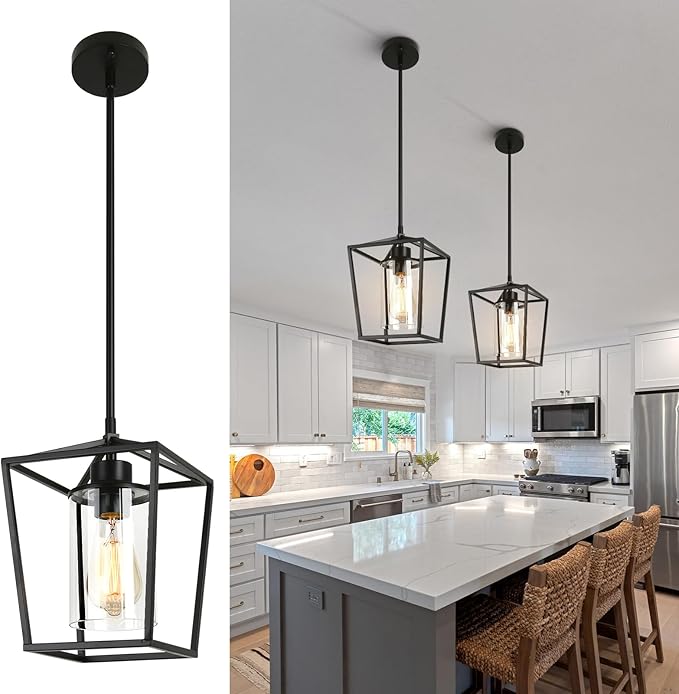 2 Pack 1-Light Black Pendant Lights for Kitchen Island, Farmhouse Metal Pendant Light Iron Cage Hanging Light Fixtures with Clear Glass Shade for Dining Room, Entryway, Hallway, Foyer-Ruum Studio Home