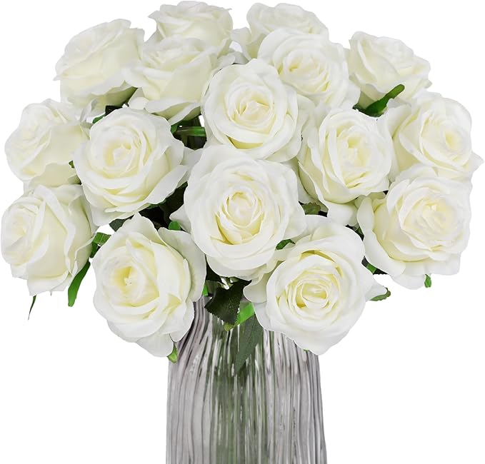 White Fake Roses Artificial Flowers - 10 Pcs Fake Artificial Roses Silk Flowers with Stems for Home Wedding Hotel Office Centerpiece Decor-Ruum Studio Home