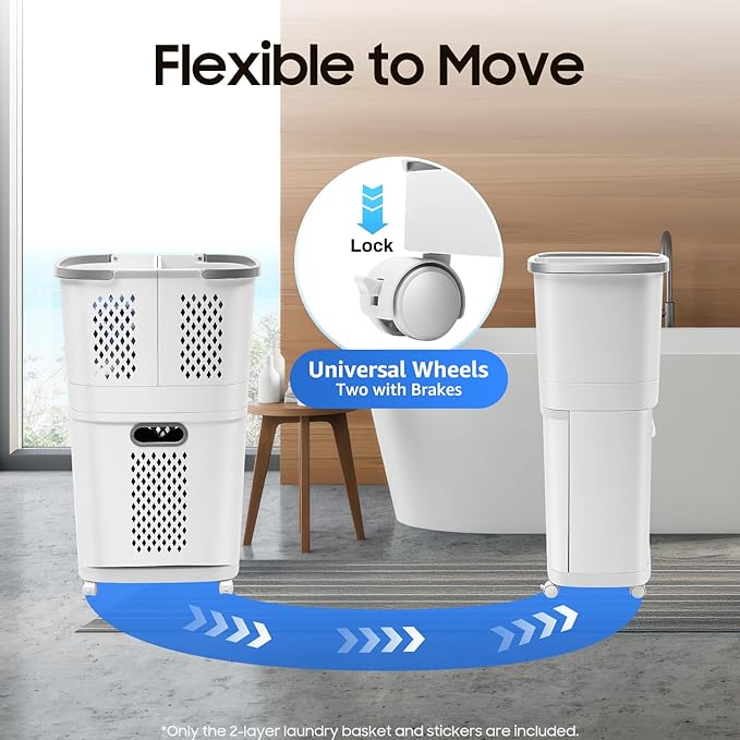 Movable Household Laundry Basket,2 Tier Laundry Hamper Basket Sorter with Wheels&Handle,Large Hand-Held Laundry Basket Clothes Storage Organizer for Bathrooms Bedrooms-Ruum Studio Home