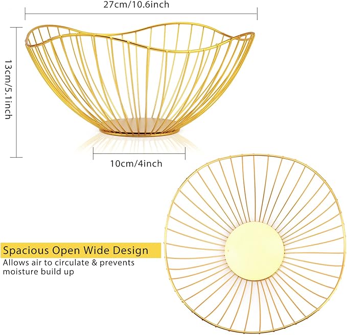 Metal Wire Fruit Basket, Gold Fruit Bowl for Kitchen Counter, Fruit Holder Stand Storage Baskets for Countertop, Home Decor, Table Centerpieces, Vegetable Bowls for Fruits, Veggies, Snacks (Gold)-Ruum Studio Home