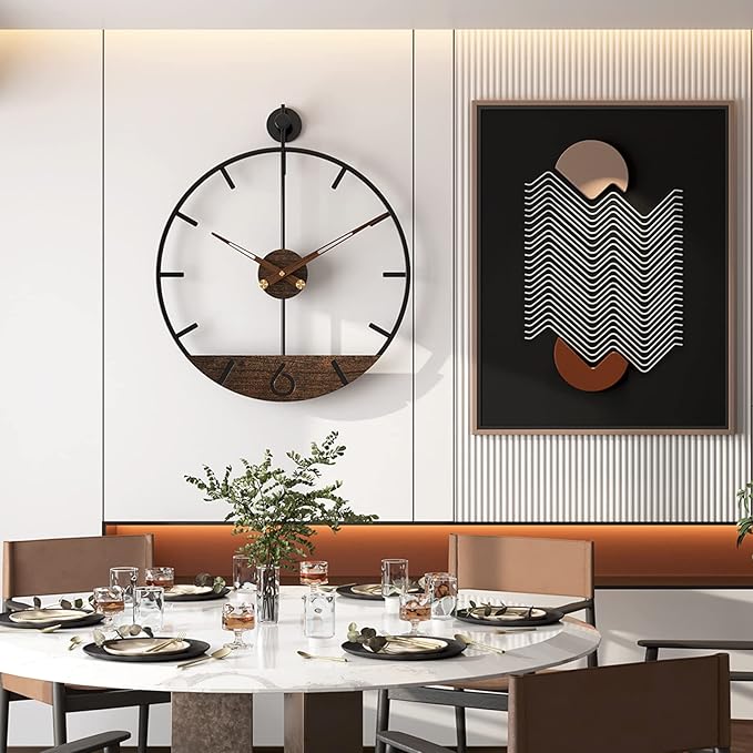 Modern Wood Walnut Dial Wall Clock, Large Simple Wall Decor Metal Frame Silent Non Ticking Clock for Living Room Decor, Kitchen, Bedroom, Study Decoration, Handmade Home Gift Idea, 26.4 in-Ruum Studio Home
