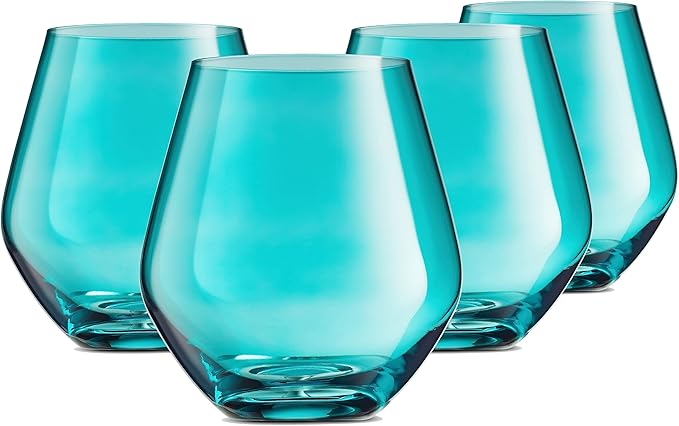 Godinger Wine Glasses, Stemless Wine Glasses, Red Wine Glasses, Drinking Glasses, European Made Stemless Wine Glass - Turquoise, 17oz, Set of 4-Ruum Studio Home