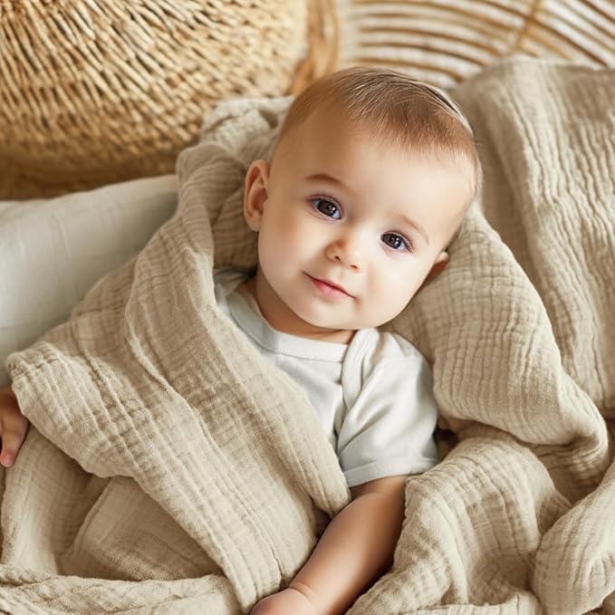 EMME Muslin Baby Blankets 100% Cotton 4-Layer Swaddle Baby 40"x50" Lightweight Soft Breathable Cooling Baby Blanket for Toddler, Infant, Newborn, Boys and Girls All Season Gauze Blanket, Light Tan-Ruum Studio Home