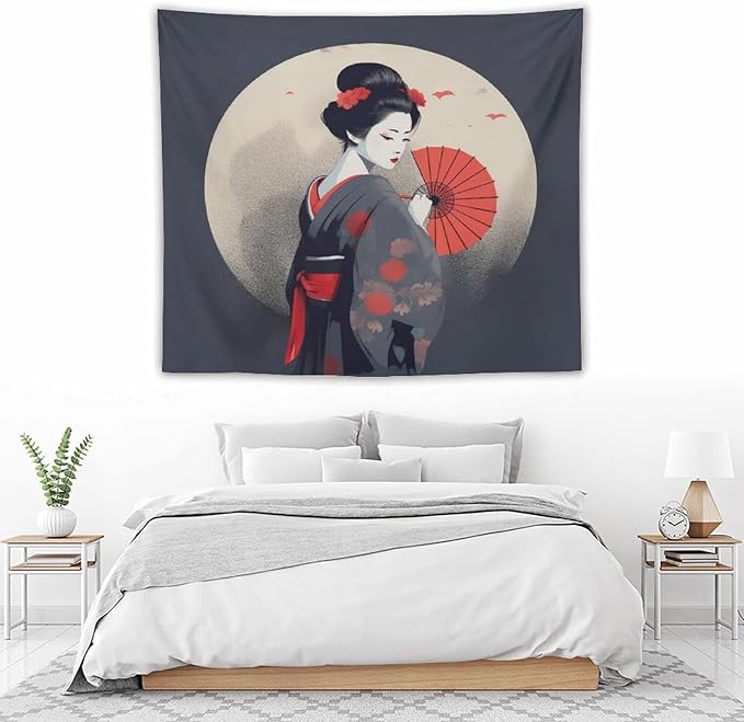 Japanese Woman Geisha Tapestry Asian Red Cherry Blossom Red Sun Traditional Kimono Folk Tapestries Home Decor for Living Room Bedroom Apartment Farmhouse Dorm 60"x50"-Ruum Studio Home