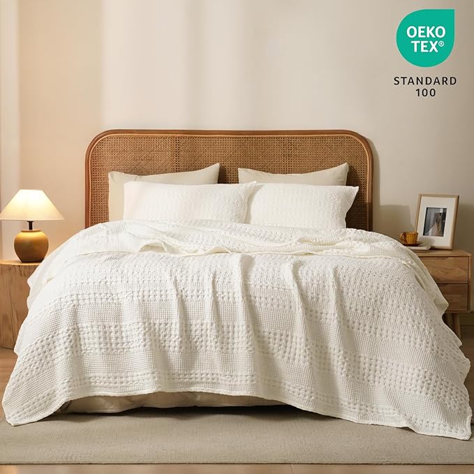 PHF 100% Cotton Waffle Weave Blanket Twin Size, Soft Lightweight Breathable Cozy Summer Blankets for Bed, Luxury Aesthetic Woven Bedding for Home Decor, 66"x90", Ivory-Ruum Studio Home