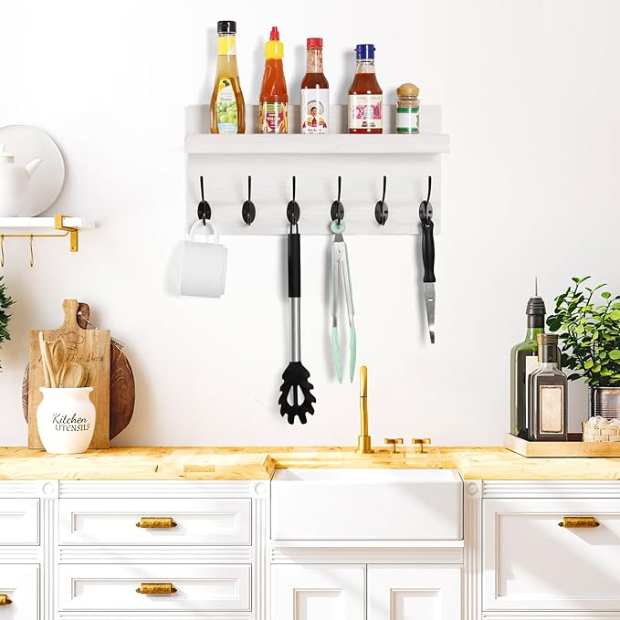 Shelf with Hooks, Coat Rack Wall Mount with 6 Double Metal Hooks, 17 Inch Farmhouse Wall Hooks with Shelf for Entryway, Bathroom, Kitchen, White-Ruum Studio Home