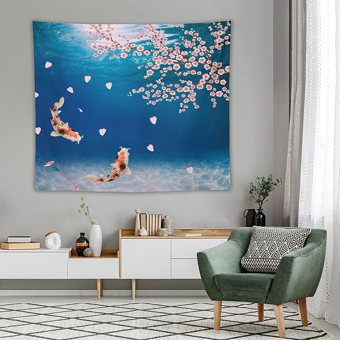 Japanese Koi Fish Tapestry, Cherry Blossoms Asian Oriental Blue Floral Branch Koi Fish Carp Tapestries Wall Hanging for Bedroom Living Room Office Decor 60"x50"-Ruum Studio Home