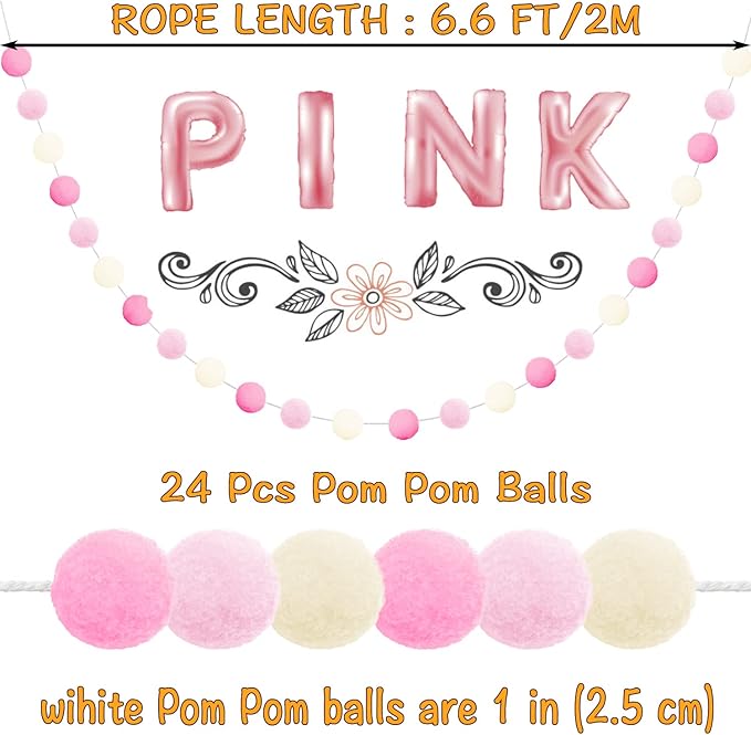Jishi 3-Pack Pom Pom Garland Pink Felt Ball Ornament Garland Christmas Decorations, Cute Pompom Strings for Christmas Tree Decor, Xmas Holiday Party, Birthday Banner - 6.6 Feet Long, 24 Balls 25mm-Ruum Studio Home