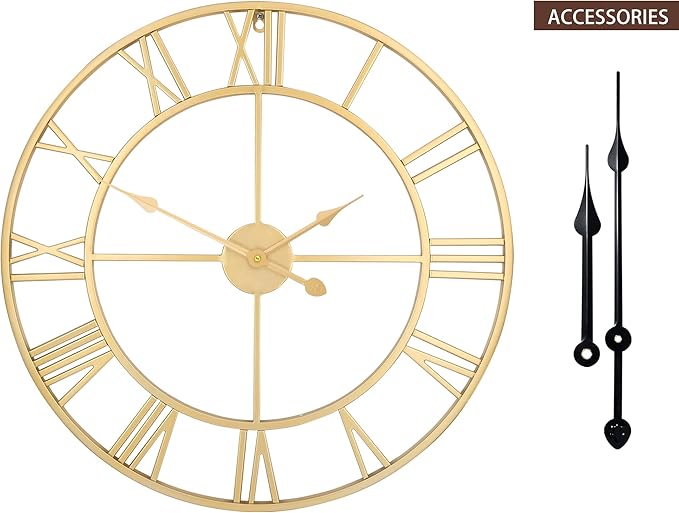 LEIKE Large Modern Wall Clocks,24" Gold Metal,Rustic,Round,Silent Non Ticking,Battery Operated Roman Numerals Clock for Living Room/Bedroom/Kitchen Wall Decor-(Gold, 60cm)-Ruum Studio Home
