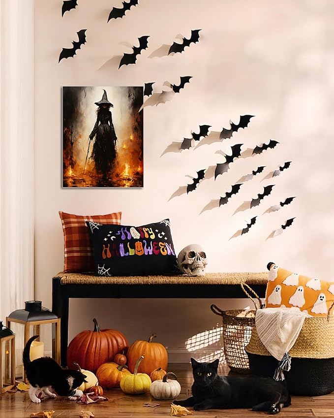 Halloween Canvas Wall Art - Vintage Witche Poster, Gothic Dark Academia Wall Decor, Spooky Halloween Decor for Living Room, Bedroom & Bathroom, Framed Fall Decorations Indoor-Ruum Studio Home