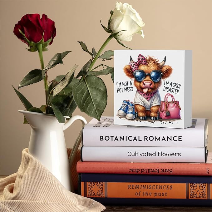 Funny Cute Highland Cow Baby Decor, Cow With Pink Bow, Highland Cow Gifts for women, Western Highland Cow Nursery Decor, Wooden Box Decor Sign for Home Farmhouse Office Living Room Table Shelf-Ruum Studio Home