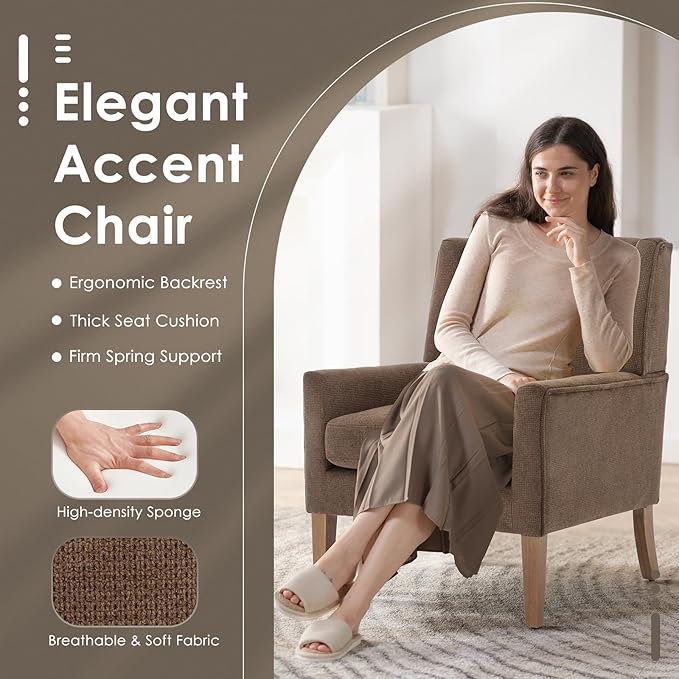 COLAMY Modern Wingback Living Room Chair, Upholstered Fabric Accent Armchair, Single Sofa Chair with Lounge Seat and Wood Legs for Bedroom/Office/Reading Spaces, Brown-Ruum Studio Home