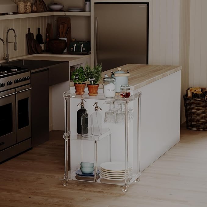 HMYHUM Acrylic Bar Cart with 4 Lockable Wheels, 3 Tier Clear Serving Cart with Glass Holder, Rolling Beverage Cart for Home, Kitchen, Dinning Room, 23.6''D x 15''W x 32.3''H-Ruum Studio Home