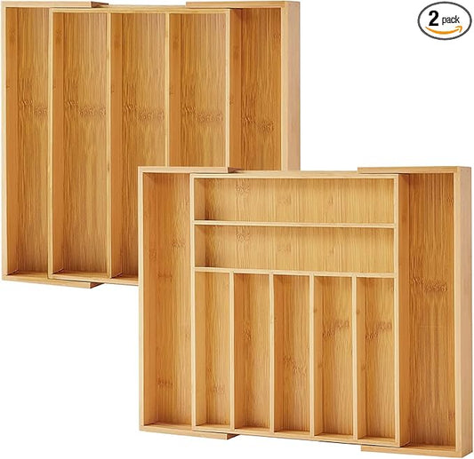 Bamboo Drawer Organizer, 2 Pack - Expandable Silverware Organizer & Utensil Drawer Organizer, Cutlery Tray with Dividers, 7-9 Slots - Premium Kitchen Organizer for Utensils & Flatware (Natural)-Ruum Studio Home